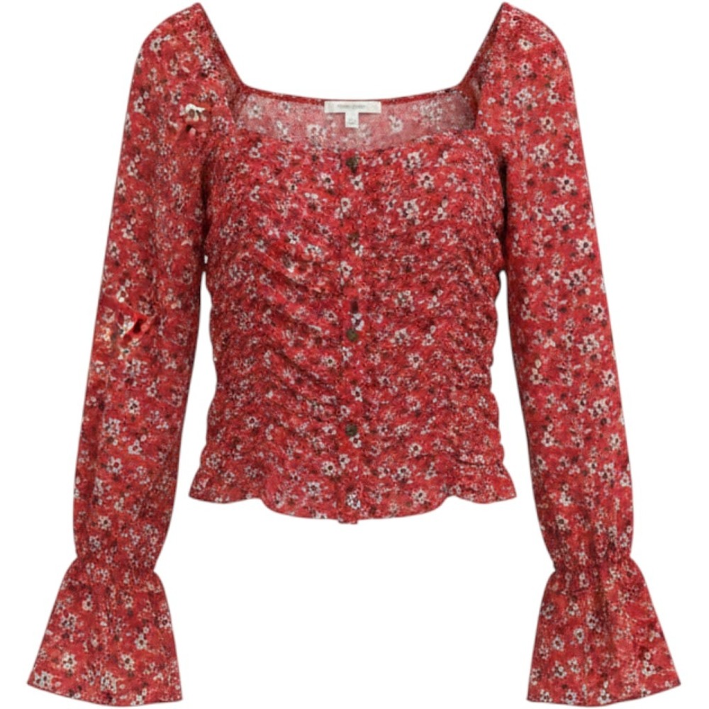 Gimmicks by BKE Red Floral Ruched Button Front Bell Sleeve Crop‎ Top XS